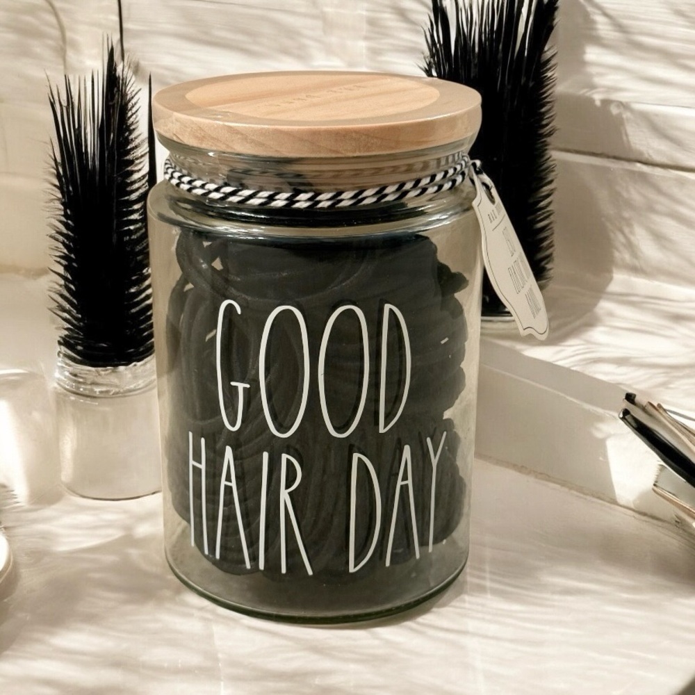 NEW Rae Dunn Glass Vanity Jar ‘GOOD HAIR DAY’ Contains 150 Elastic Hair Bands